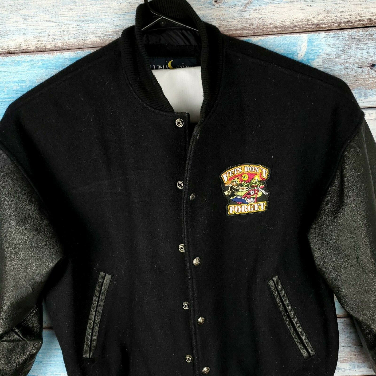 Luna Pier Black Large Leather Jacket Men Wool Sleeves Button Luna Pier Black Large Leather Jacket Men Wool Sleeves Button