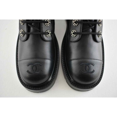 Pre-owned Chanel 21a Black Quilted Gold Cc Chain Combat Lace Up Tie Ankle Short Boots 36.5