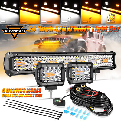 AUXBEAM 20Inch 420W Strobe Amber White LED Work Light Bar Spot Flood+4'' LED Pods