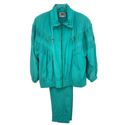 Vintage EVR Women's Size Large Blue Green 100% Silk 2 pc Track Suit 80's 90's