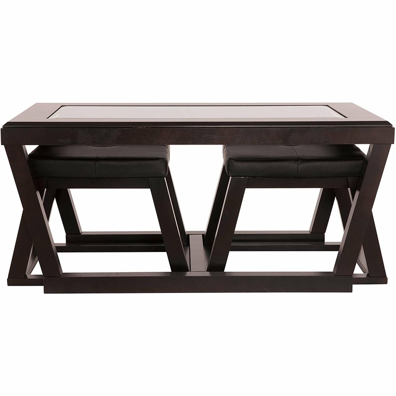 3 Piece Set Glass Top Coffee Cocktail Table 2 Upholstered Nesting Stools Ashley