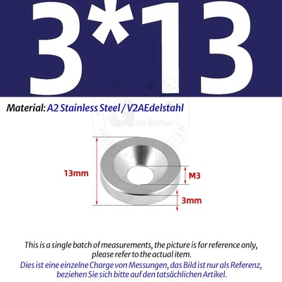 Countersunk Solid Cup Finishing Washer Marine Grade A2 Stainless Steel M3-M10