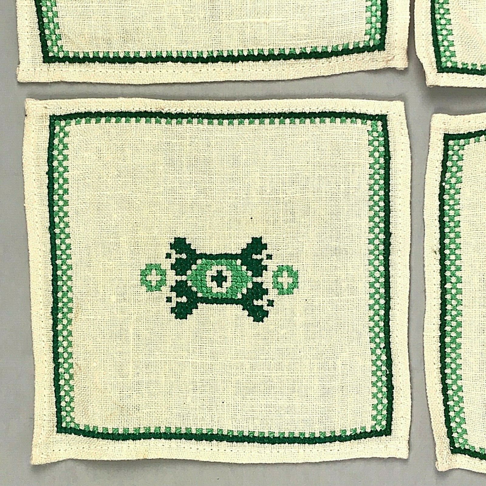 Vintage Linen Coasters Embroidered Cross Stitch Set of 6 Ivory Green