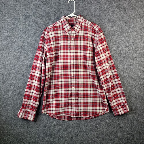 Gap Flannel Shirt Mens Large Button Front Red Cream Plaid Long Sleeve Slim Fit