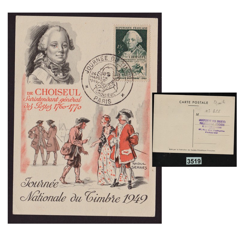 3519 France 1949  Timbre NÂ°828 Sur Carte JournÃ©E Nationale Du Timbre 599