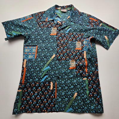 Landmark Men Shirt Medium Floral Abstract Block Disco Big Collar Nightclub Cigar