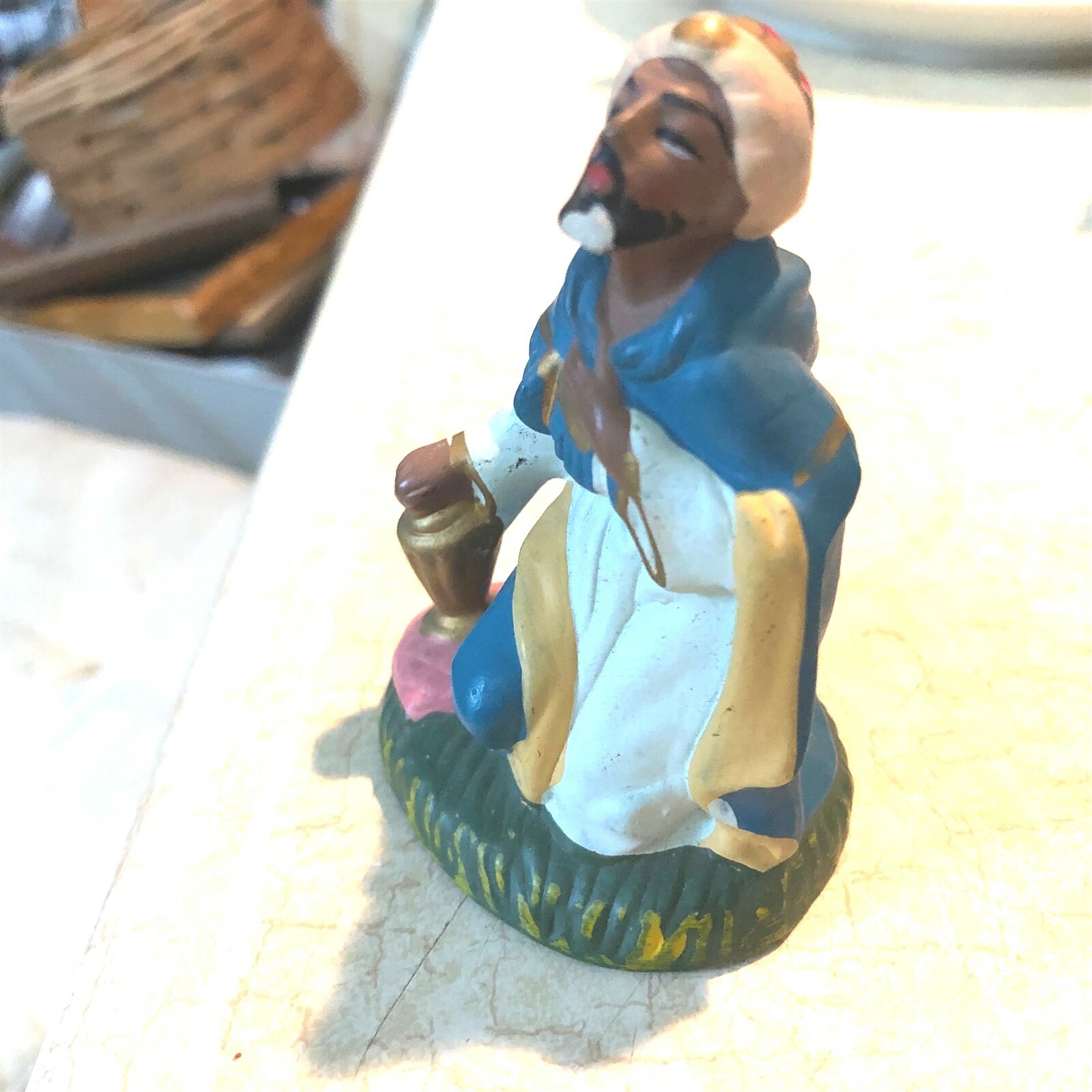 vintage Paper Mache Wise Man Nativity kneeling robe gifts turban