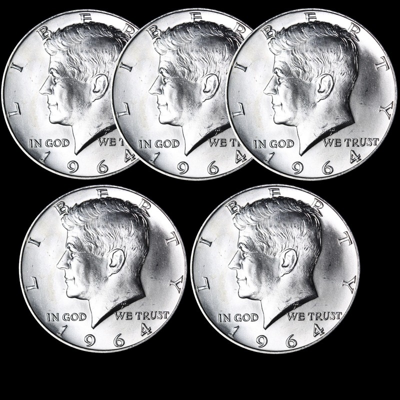 BULK LOT (5 PC.) 1964-D Kennedy Silver Half Dollar GEM BU