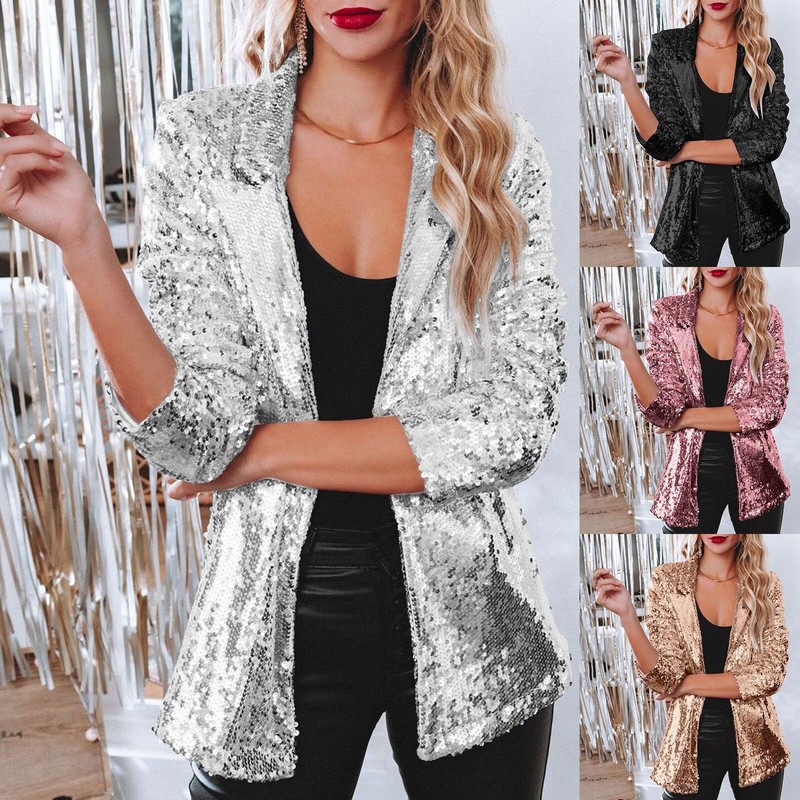 Womens Glitter Sequin Blazer Suit Open Front Thin Jacket Casual Party Outwear