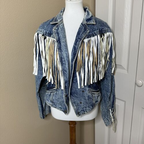 Vintage 80's HAVOC Acid Wash Denim Jacket Leather Fringe Vintage 80's HAVOC Acid Wash Denim Jacket Leather Fringe