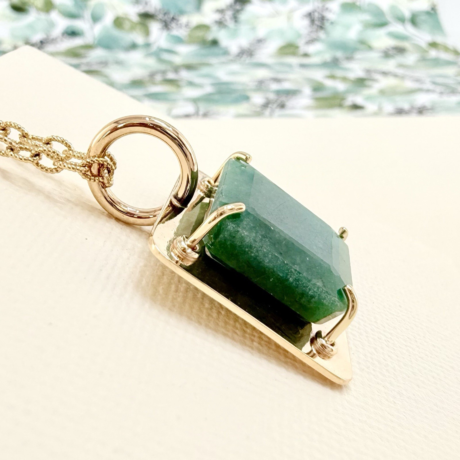 14k Yellow Gold Genuine Emerald Modernist Unisex Pendant, Newly Handcrafted - Picture 5 of 10