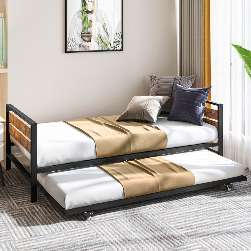 TAUS Twin Daybed w/Pull Out Trundle Steel Slat Support Adjustable Sofa Bed Couch
