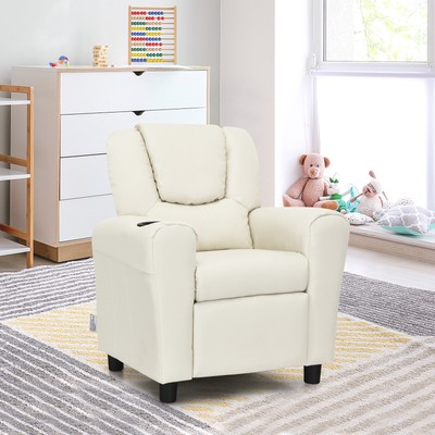 Costway Kids Recliner Chair PU Leather Armrest Sofa w/Footrest Cup Holder Beige