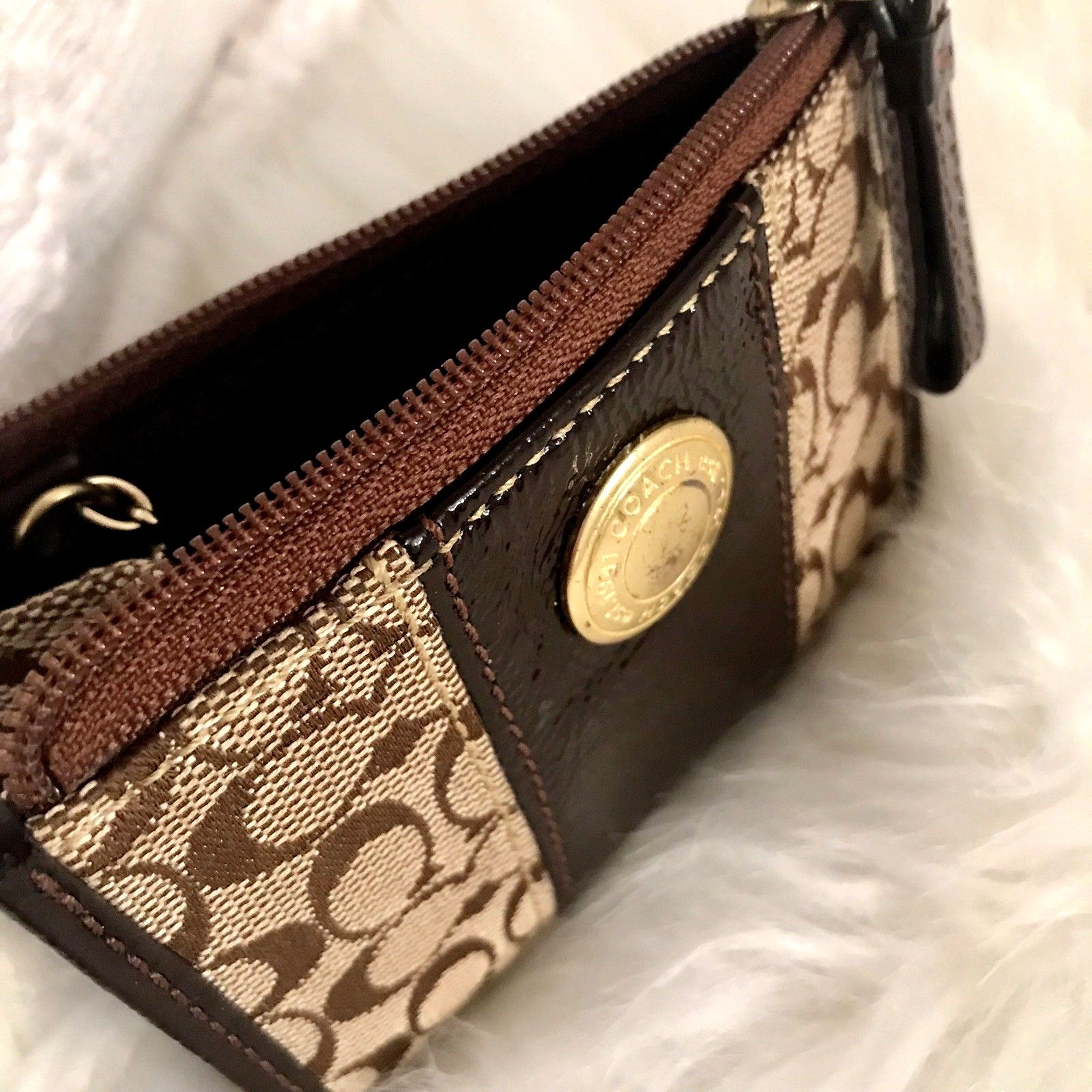 COACH  PATENT LEATHER CANVAS WALLET CREDIT CARD CASE SIGNATURE BRASS HARDWARE