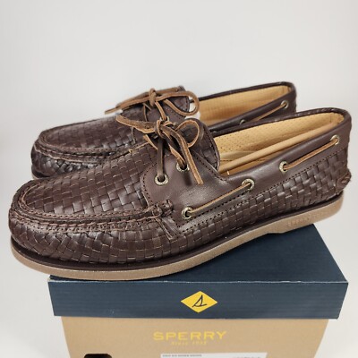 Sperry Gold Cup Authentic Original 2 Eye Woven Brown Leather Boat Shoe Weave Men