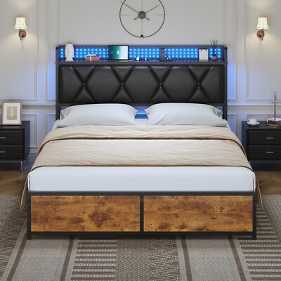 Queen LED Bed Frame Storage Headboard Footboard with Charging Station, Black PU