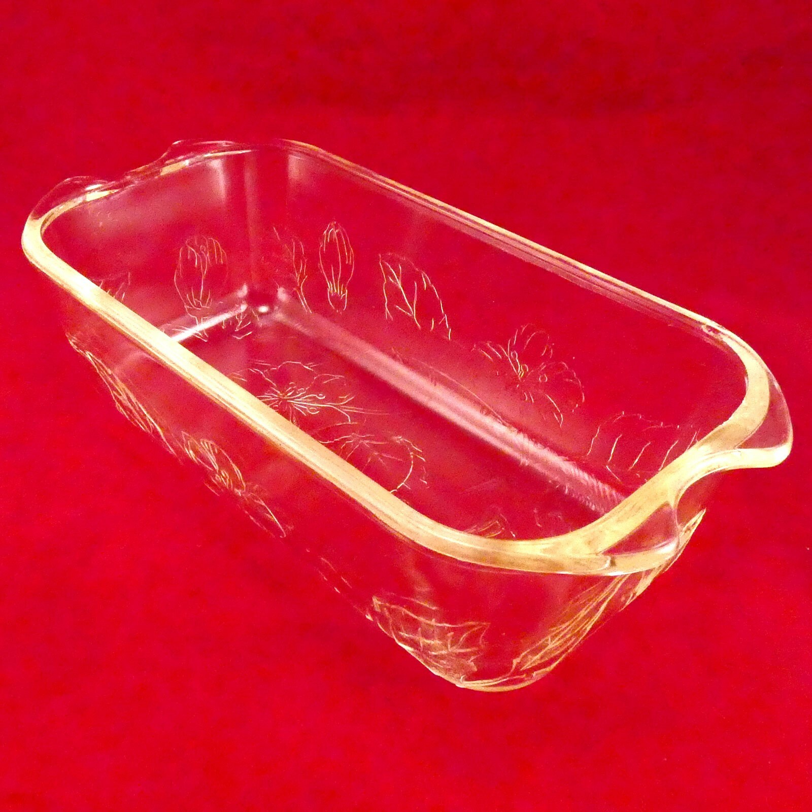 Floral Embossed Clear Glass Vintage Loaf Pan w/ Scalloped Handles & Matching Lid