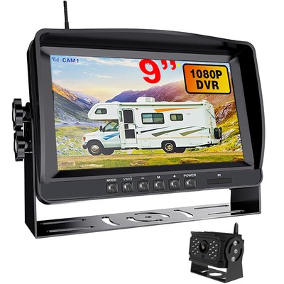 9'' HD Wireless Backup Camera System for RV Trailer Camper DVR Quad Split Monitor