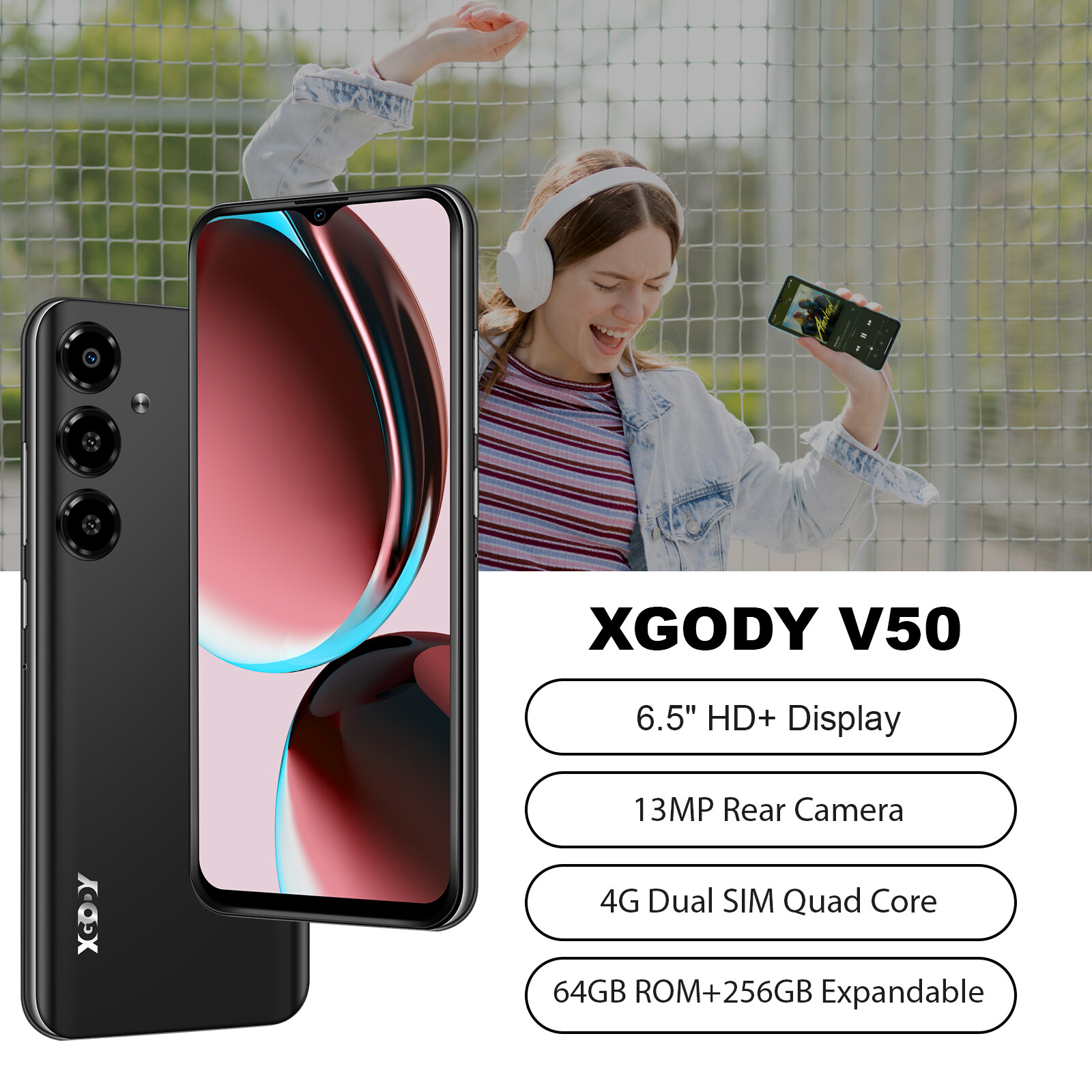 Unlocked 6.5" V50 Cheap 4G Smartphone 4GB+64GB Android 10 Du