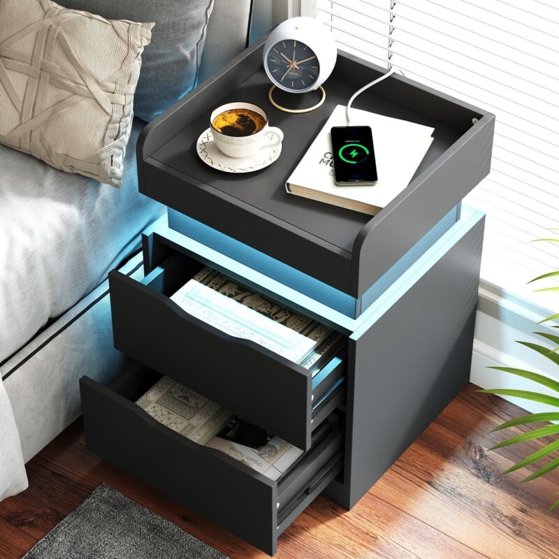 Seeday Nightstand with Charging Station and LED Lights Modern Bedside