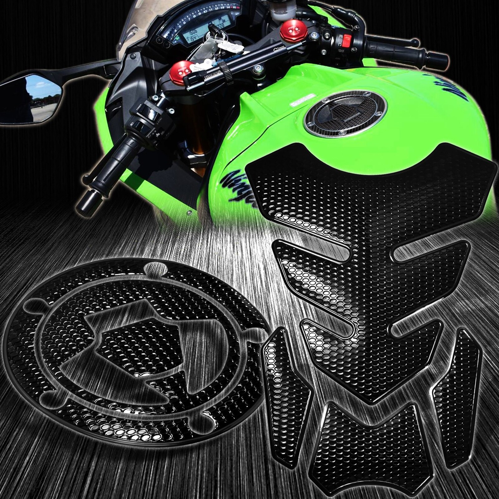 4PC Perforated Black Tank Pad+Gas/Fuel Cap Cover 07-18 Ninja ZX-6R