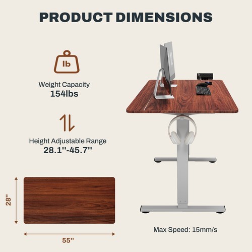 Adjustable Standing Desk with Built-In Cable Management and Hook, Grey Frame