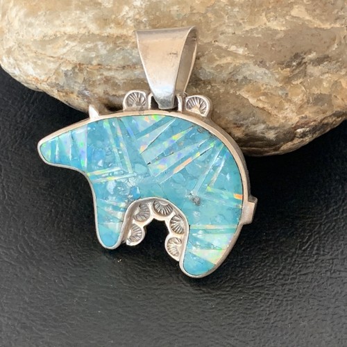 Pre-owned Handmade Mens Blue Turquoise & Opal Bear Navajo Sterling Silver Inlay Pendant 12602