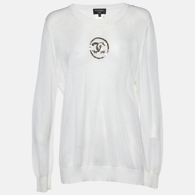 Chanel Off-White Knit Sequin Logo Detail Full Sleeve Sweater