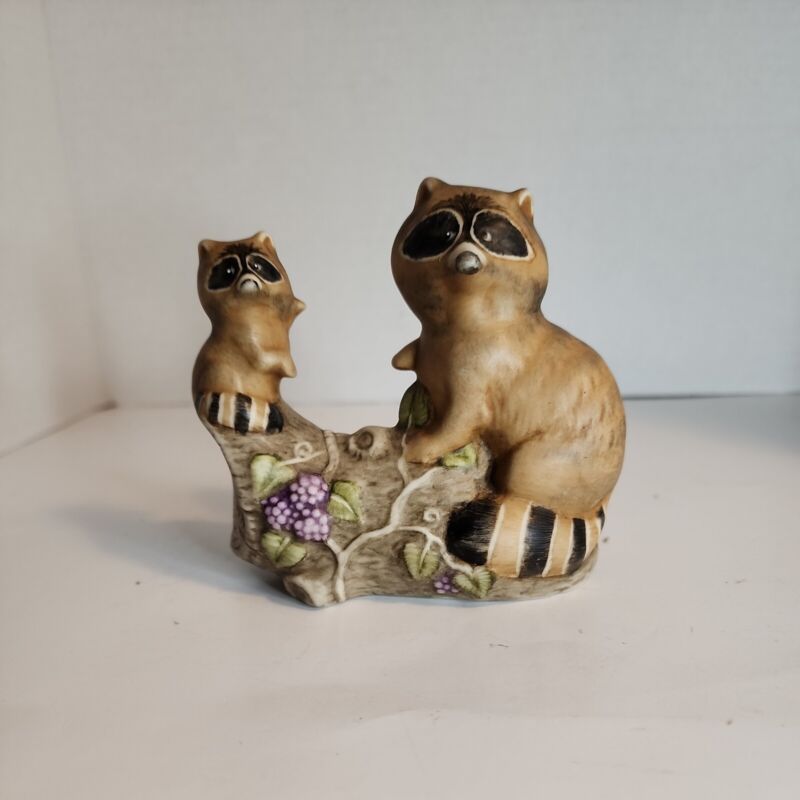 Vtg Ceramic Mother and Baby Raccoons on a Log Figurine Handpainted in Wisconsin 