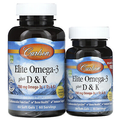 Elite Omega-3 Plus D&K, натуральный вкус лимона, 60 + 30 бесплатных мягких желатиновых капсул