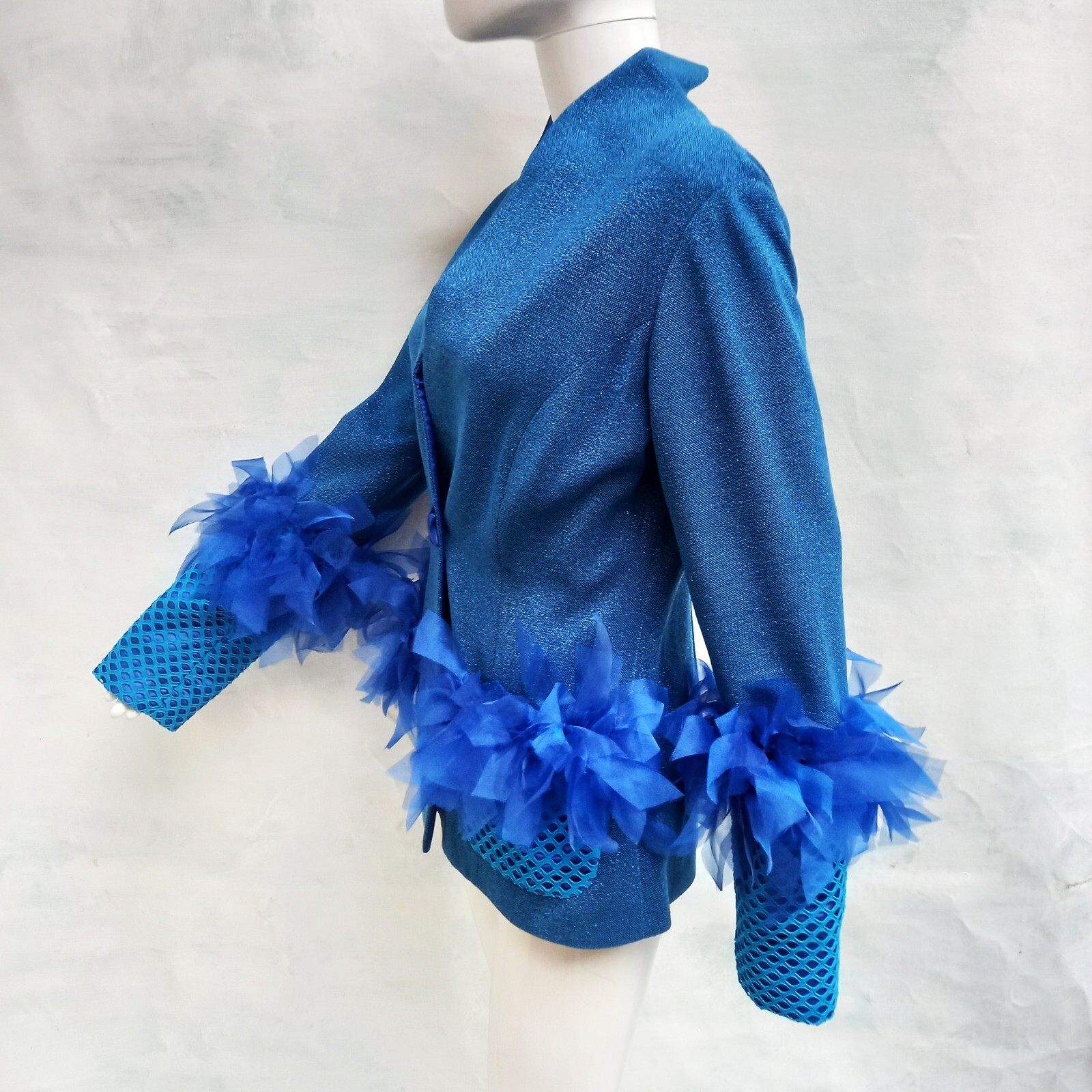 Pre-owned Amira Di Transilvania Elegant Woman Jacket Luxury Fashion Brand Handmade In Italy Organza Ribbons Blue