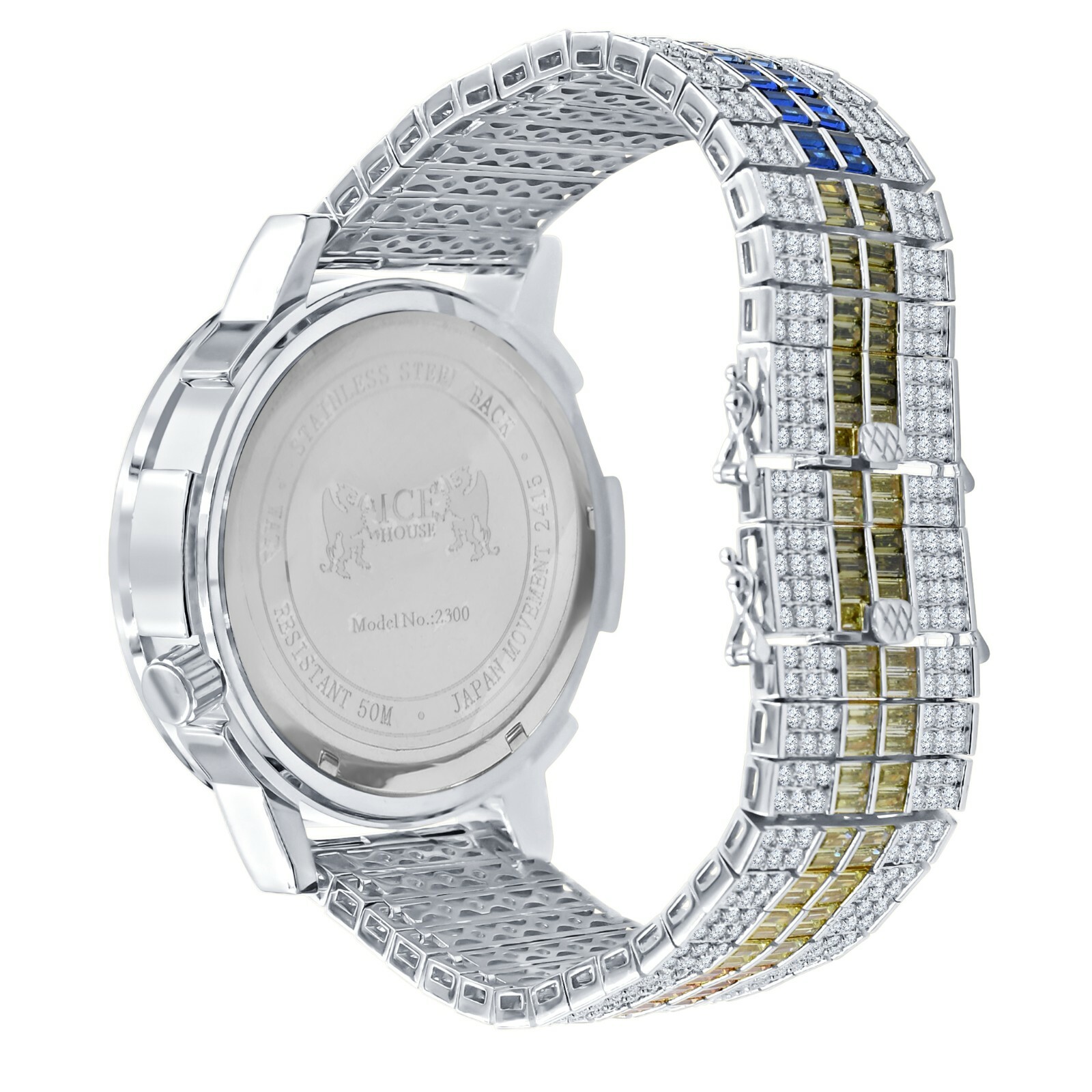 Pre-owned Ice Master Genuine Diamond White Tone 2 Time Zone Chronograph Baguette Rainbow Dial Watch