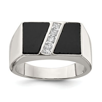 Silver Men's CZ and Onyx Ring QR1278 | eBay