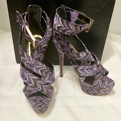 Scene By Shoe Dazzle Women's Sz 8.5 Purple Gold Chevron Wrap Strap Heels NEW