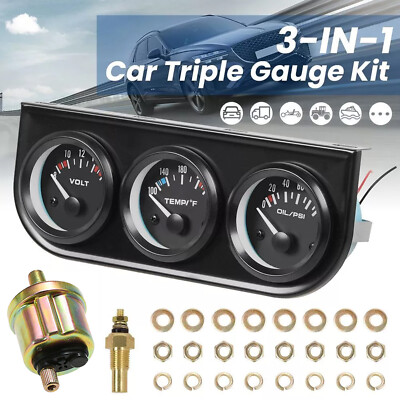 2'' 52mm Black Car Triple Gauge Kit Oil Pressure Water Temp Volt meter 12V P8H9