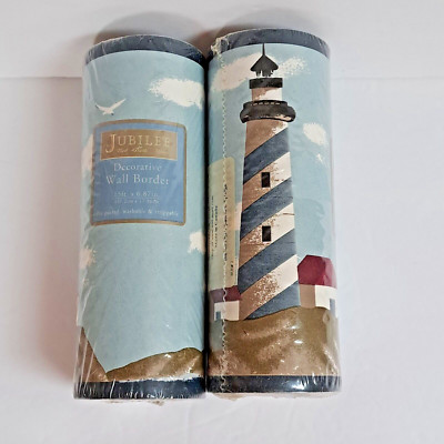 Jubilee Harbor Lights Coastline Beach Scene Blue Trim Wall Paper Border 15ft.x2