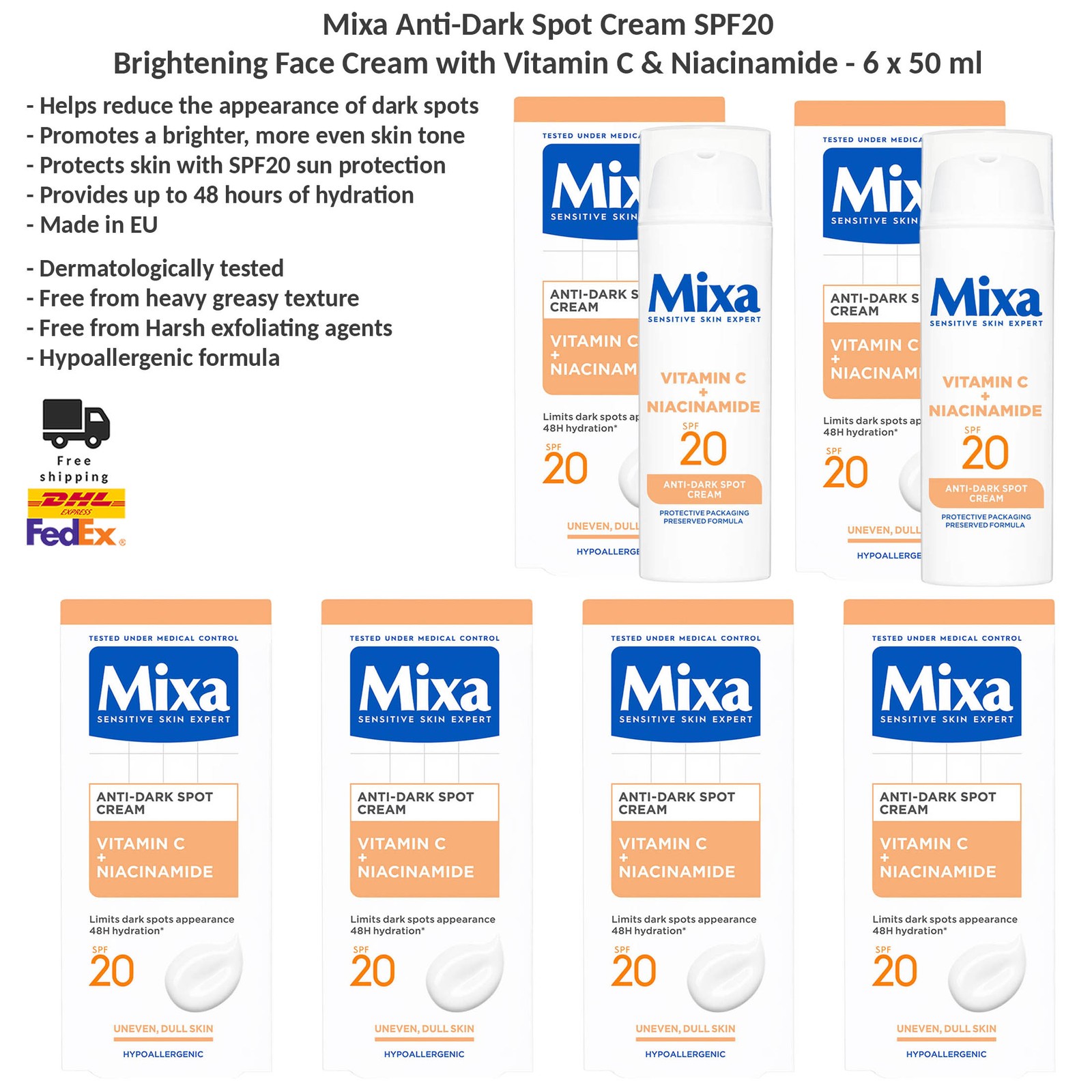 Mixa Anti Dark Spot Face Cream SPF20 with Vitamin C & Niacinamide 6x50ml