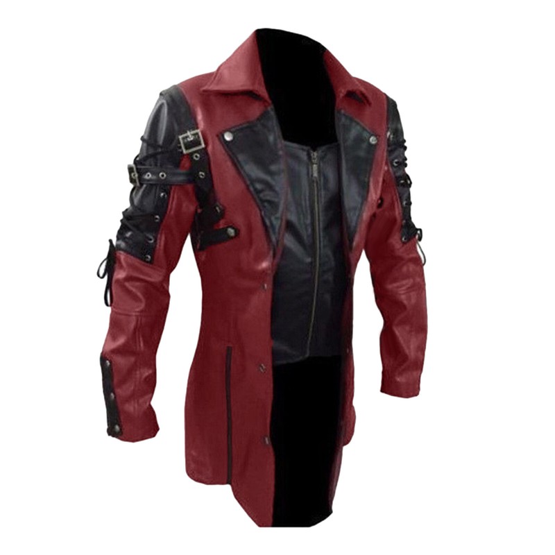 Steampunk Maroon & Black Renaissance Punk Faux Leather Victorian Gothic Coat