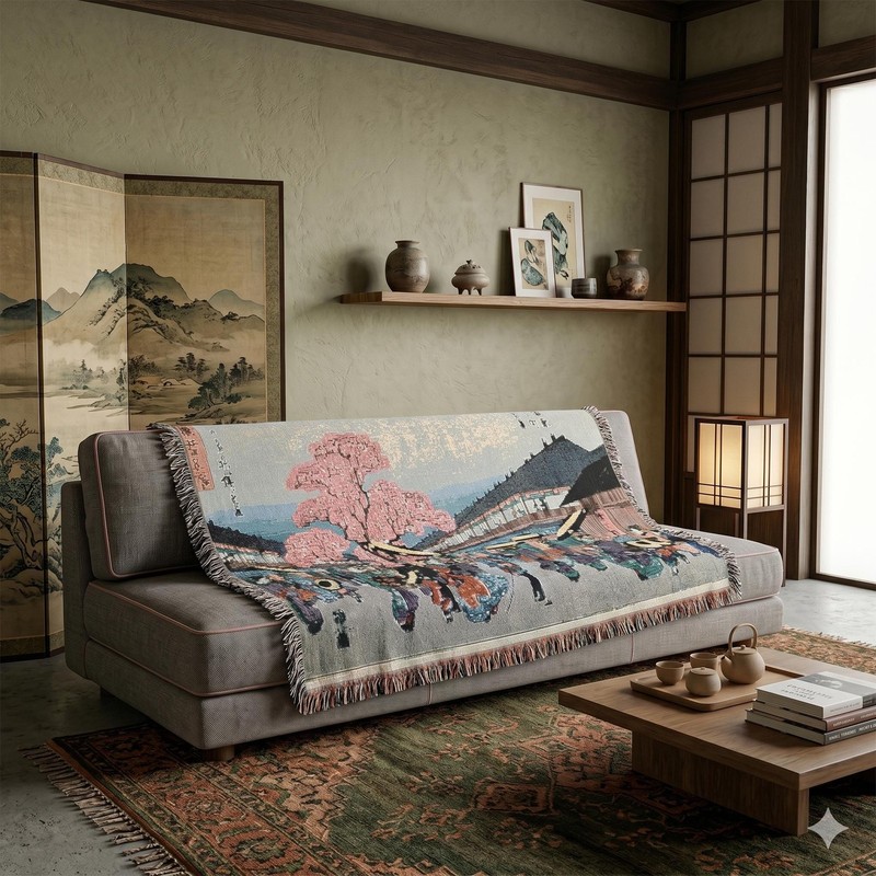 Evening Cherry Blossoms at Gotenyama, Hiroshige - Tapestry Woven Blanket Throw