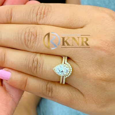 Pre-owned Knr Inc 14k Yellow Gold Pear Forever Moissanite And Diamonds Engagement Ring Halo 2.00ct