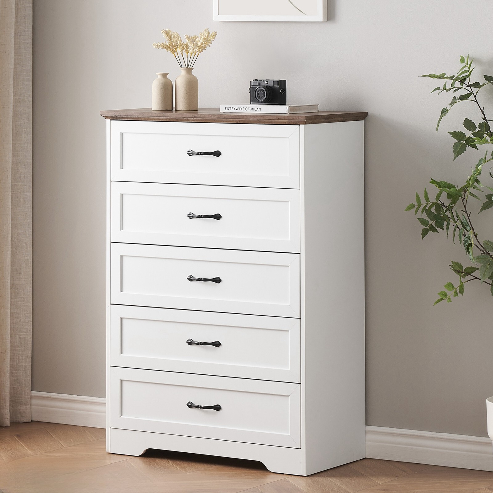 Chest of 5 Drawers Dresser for Bedroom Nightstand Storage Organizer Wood Cabinet