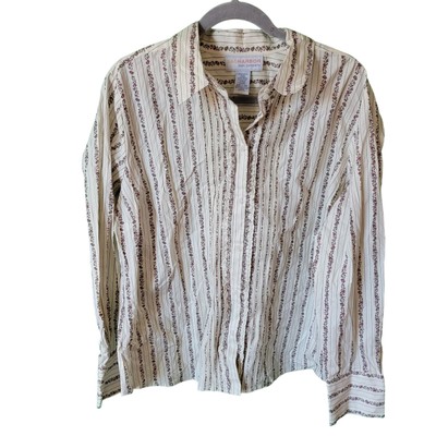 Vintage Y2K Sag Harbor Ivory Floral Pleated Button Down Womens Blouse Size XL