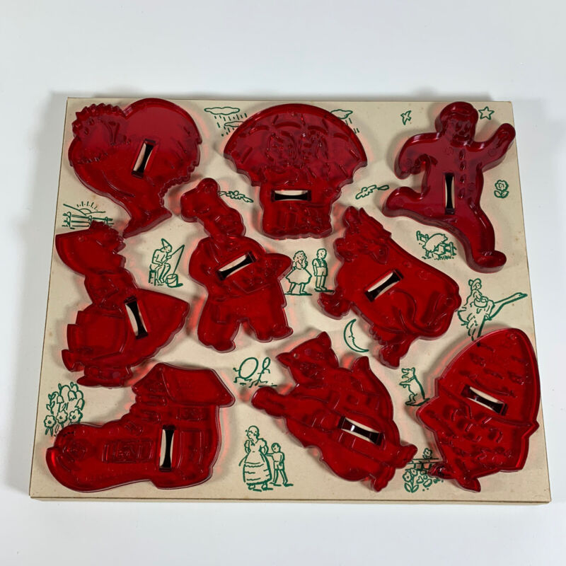 Vintage HRM Mother Goose Nursery Rhymes Cookie Cutters Set of 9 Red Transparent