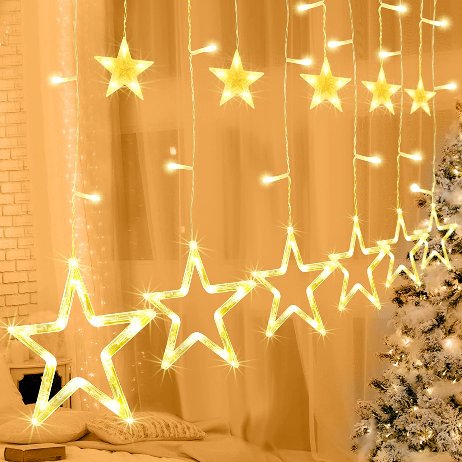 Luci di Natale Tenda Luminosa 12 Stelle LED Luce Bianca Calda Addobbi reb