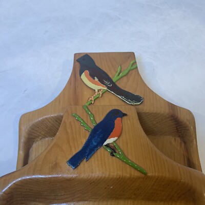 Vtg Wooden Tray Set Of 2 Birds Towhee & Bluebird Farmhouse Kitsch Handmade