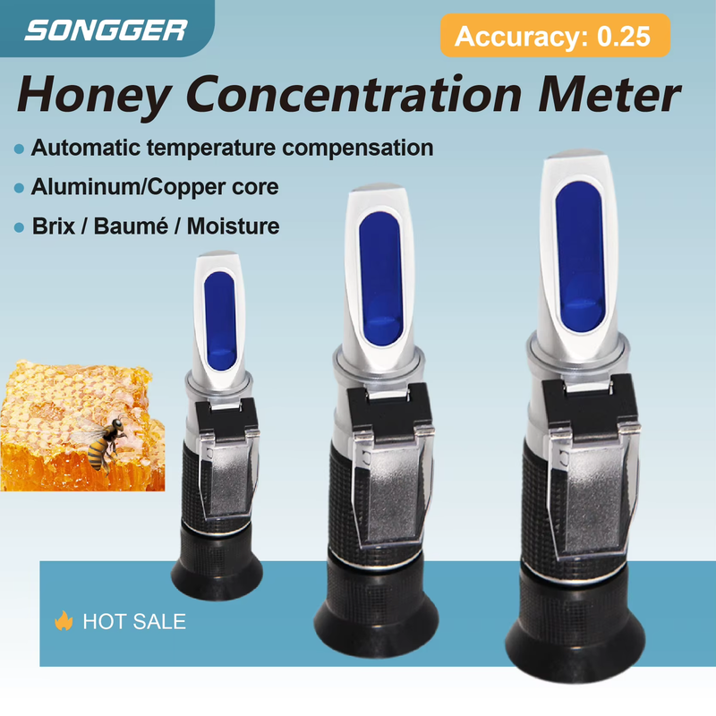 Portable Honey Concentration Refractometer with ATC Brix Moisture Baume Tester f