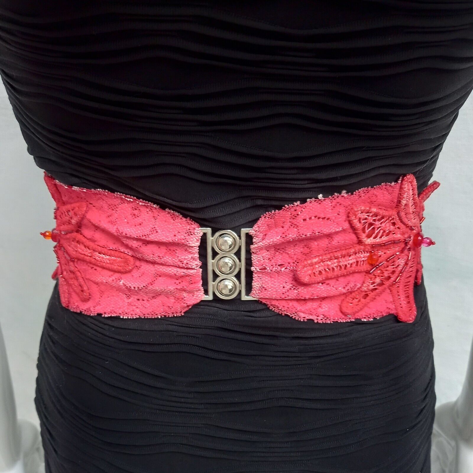 Pre-owned Amira Di Transilvania Women Accessories Belt Macrame Rhinestones Faux Leather Royal Handmade Red Beads