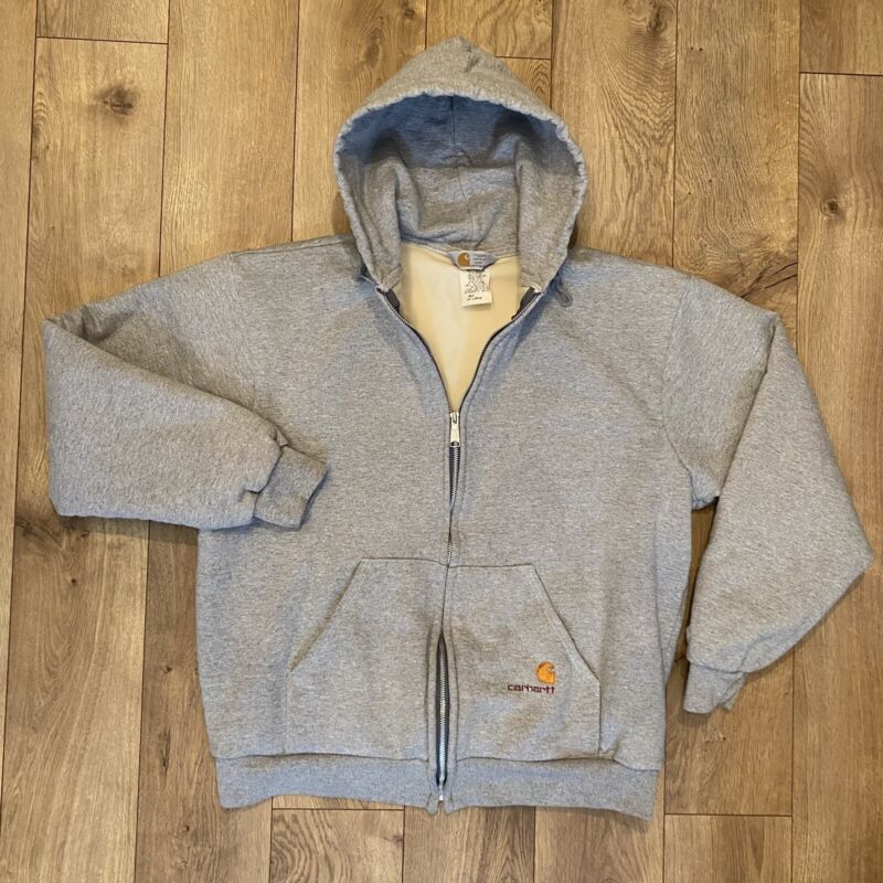 Carhartt Vintage Zip Up Hoodie 2XL Thermal Made In USA Gray Embroidered Logo