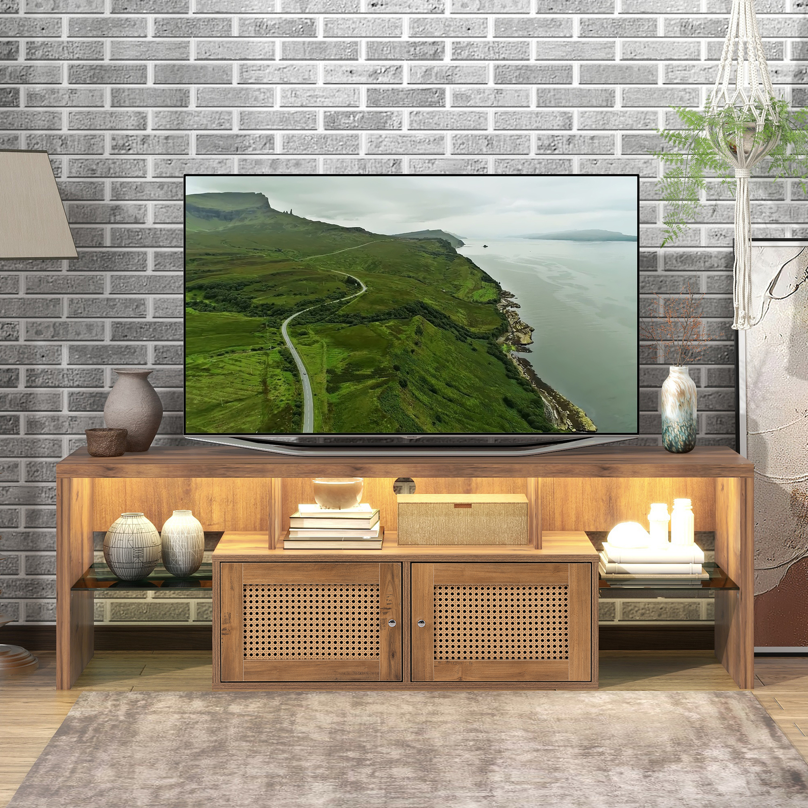 Entertainment Center Media Console Table With Led Light And 