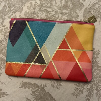 Erin Condren Gold  Mosaic  Zip Pouch W/Strap 8'' X 5.25'' Vegan Leather Colorful